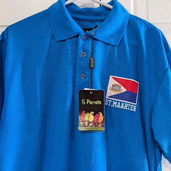 5 Parrots Men's Blue Polo Shirt, Size XL, St. Maarten Flag, Embroidered, NWT - Picture 3 of 13